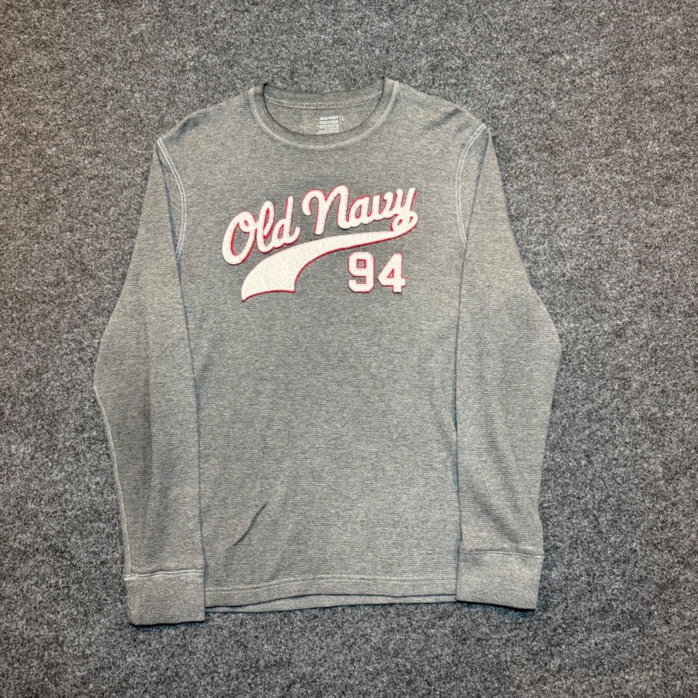 Old Navy Mens Gray Long Sleeve Thermal Waffle Knit Shirt Chenille Patch Size L